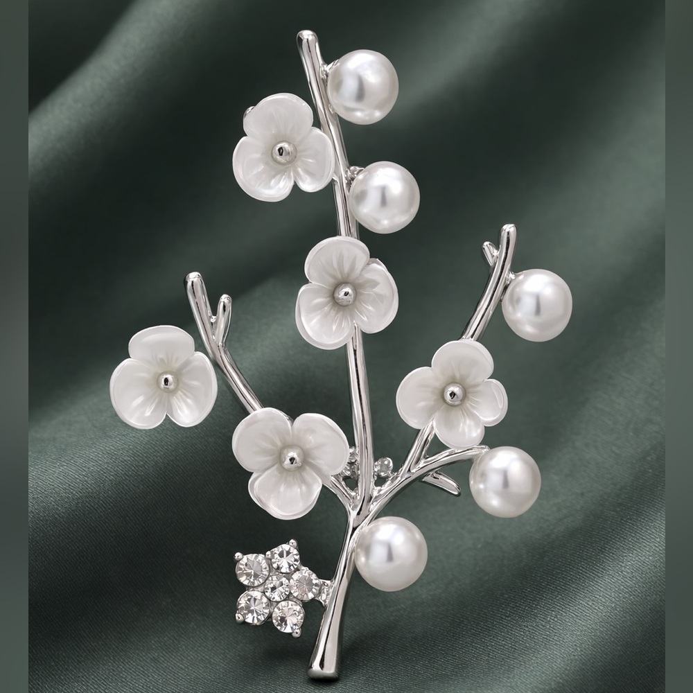 Cherry Blossom Silver Pearl Floral Brooch